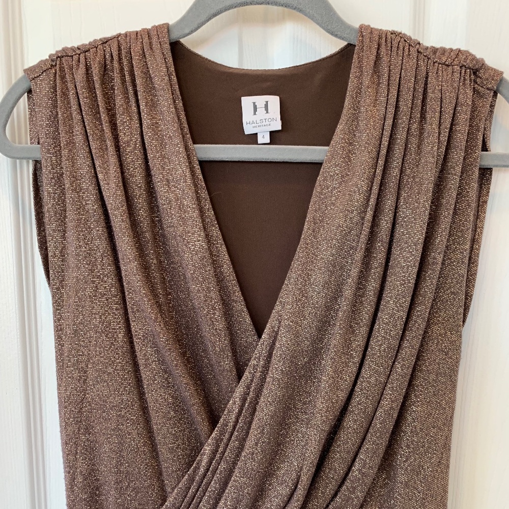 Halston Heritage short gold thread w brown dress, sz 4